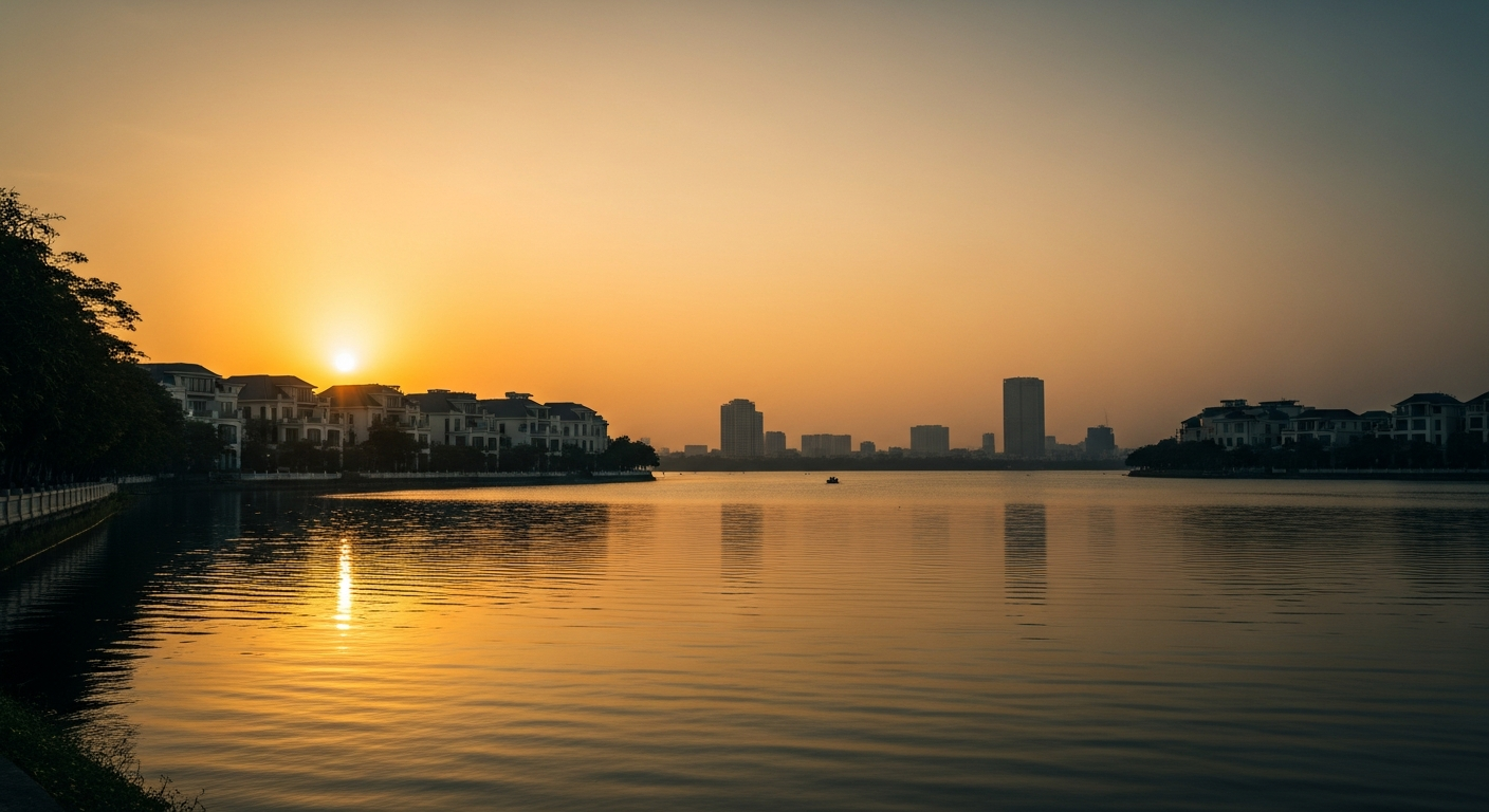 West Lake (Hồ Tây) in Hanoi at golden dusk, lined with lakeside villas and serviced residences